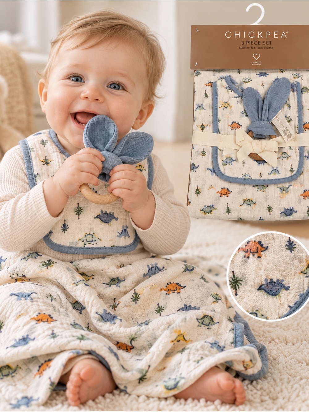 Chickpea Baby Dinosaur 3-Piece Muslin Blanket Bib & Teether Set NWT
